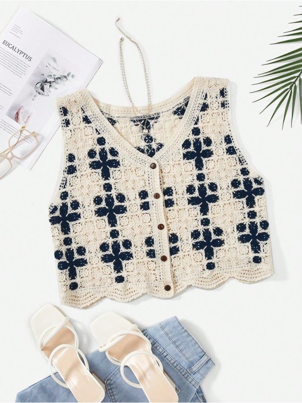 Crochet Button-Front Vest Top in Cream with Navy Pattern